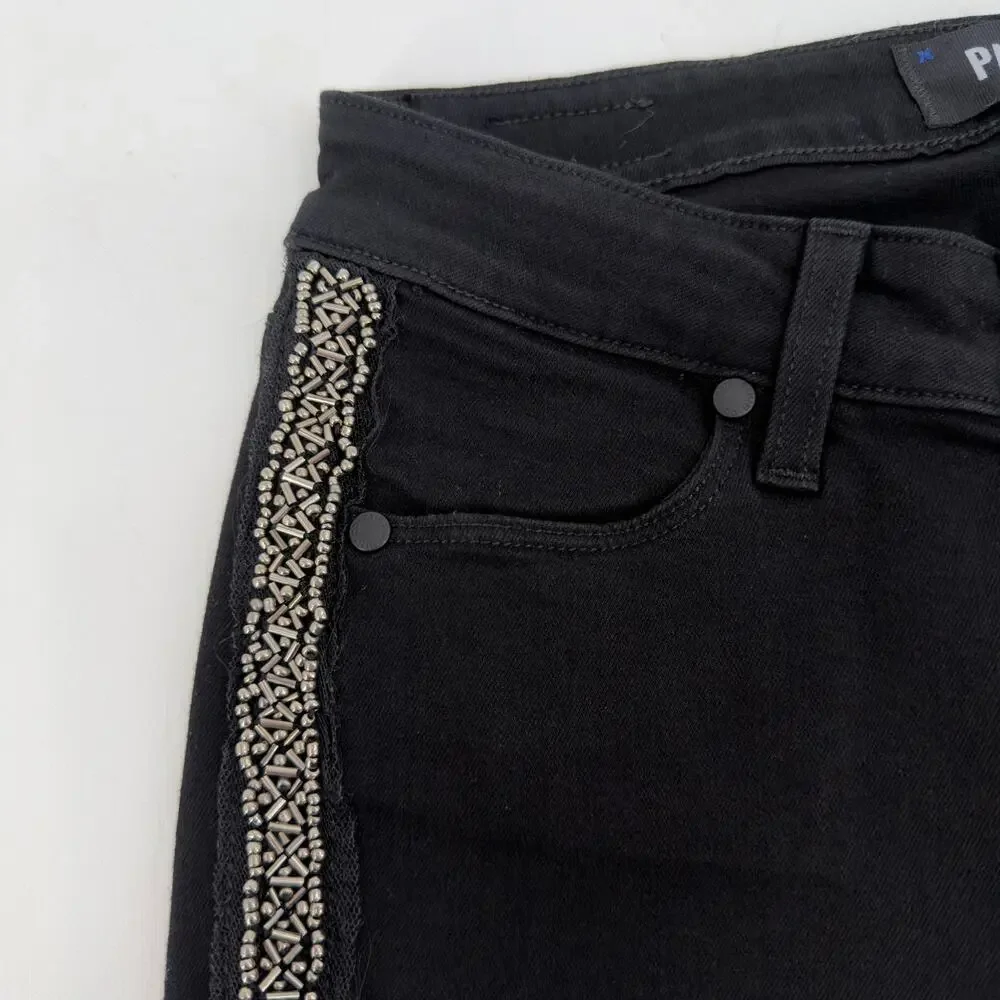 Paige Verdugo Ultra Skinny Tuxedo Side Beading Jeans size 27 Black/Pewter